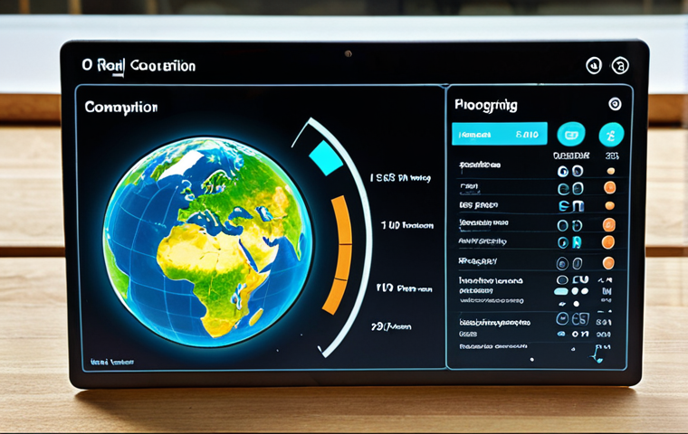 **
"A digital interface displaying real-time energy consumption data, visualized as a small, stylized earth. The interface provides tips for reducing digital footprint. User-friendly and inviting, with a focus on education and positive change."
**