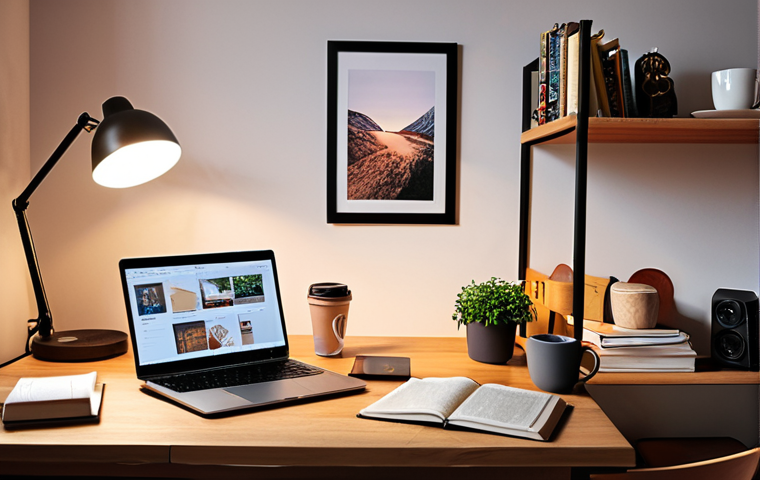 A cozy study corner with a person taking an online course. The scene should depict flexibility and comfort, featuring a laptop, warm lighting, a cup of "fika" (coffee break) and study materials like books and notes. The setting is a modern Scandinavian home.